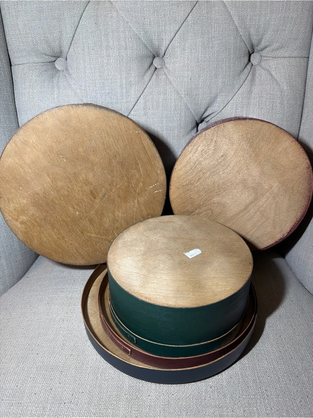 Set of 3 Wooden Shaker Design Circular Nesting Boxes w/ Swallowtail Joints & Lid